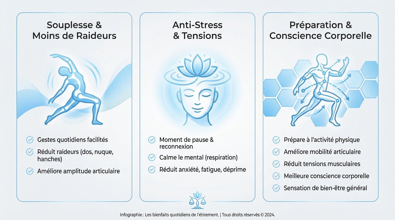 Infographie illustrant les bienfaits quotidiens du stretching sur le corps et l'esprit