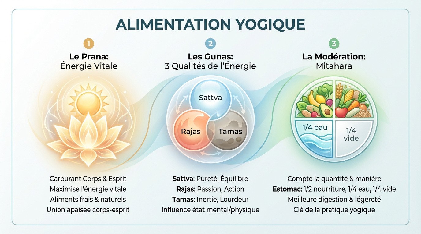 Schéma illustrant les principes de l'alimentation yogique : Prana, Gunas et Mitahara
