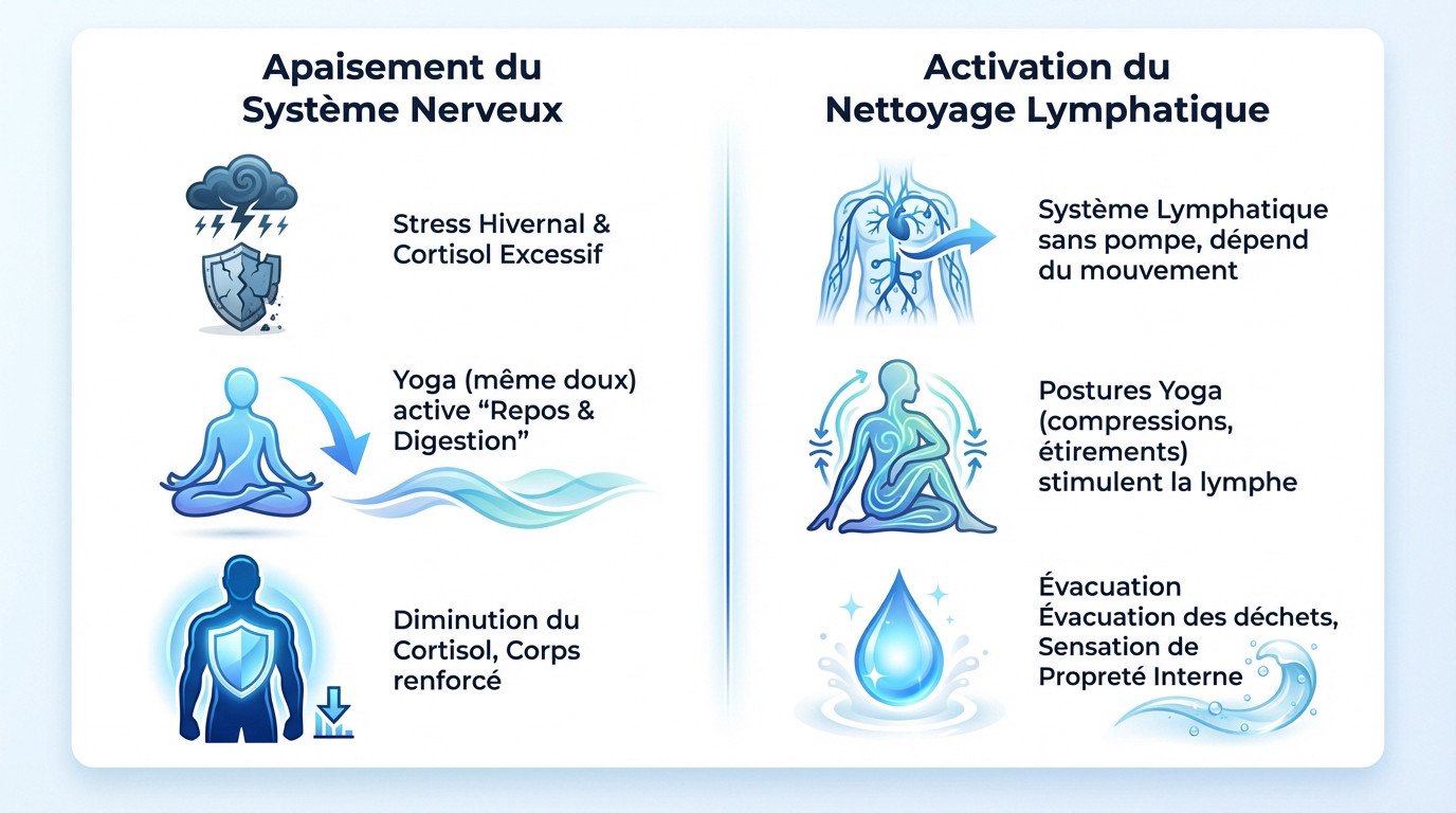 Femme pratiquant le yoga en hiver pour apaiser le système nerveux et stimuler l'immunité